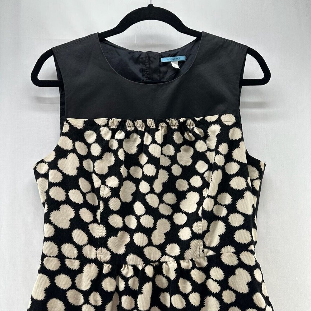 Leifnotes Mini Dress Women Sz 12 Corduroy Sleeveless Lined Polka Dot Black Cream - Picture 3 of 13